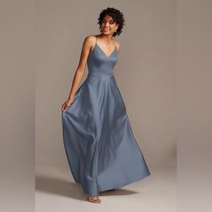 David’s Bridal Satin A-Line Bridesmaid Dress in Steel Blue